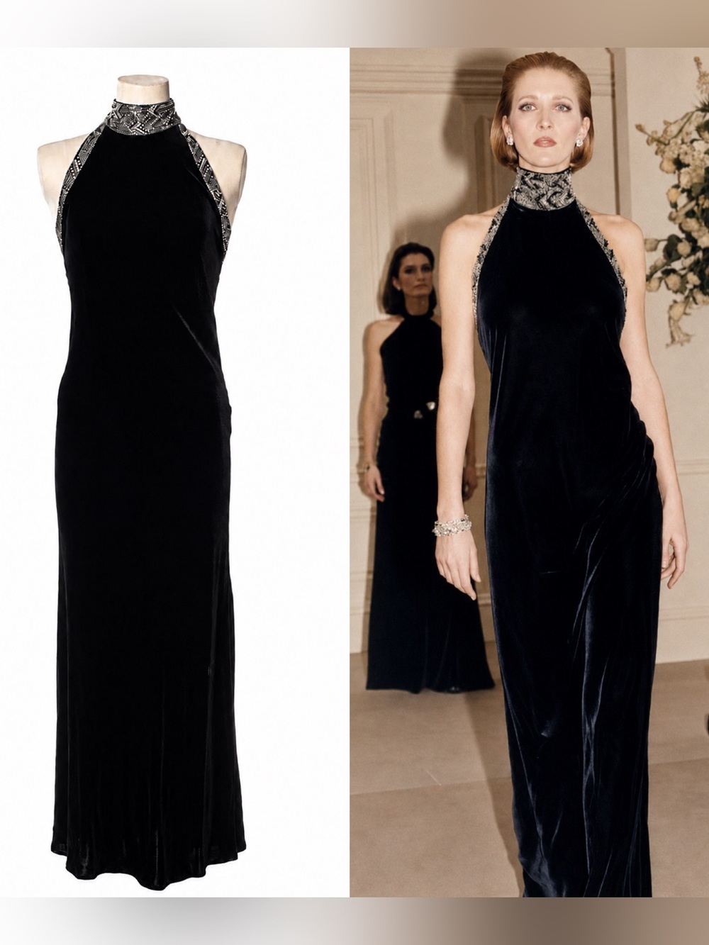 Ralph Lauren Collection 1987 Black Velvet Evening Gown Beaded Runway Maxi Dress